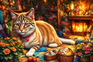 (best quality,ultra-detailed,cute animals,vivid colors,soft lighting,digital illustration,fluffy fur,playful expressions,adorable poses,dreamy atmosphere,colorful surroundings), (art by Makoto :1.5), digital art, child, cute cat, 16K, cool wallpaper, things, jasmine, pillows, clutter, toy, basket, wood, pot, can copper, garden yard, circle face, smile, sharp focus, HDR,Cosplay,onitsuka_natsumi_lovelivesuperstar,Add more details