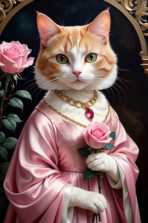 royal cat holding pink rose,clad in opulent robe,moonshine necklace,Little love around,floral sheet music background
Oil painting inspired by the style of Silke Leffler, Lisbeth Zwerger, Rebecca Dautremer, and  sandro nardini,
sharp focus, emotive brushstrokes,
strong chiaroscuro for heightened contrast between light and shadows,
creating a tangible sense of depth and perspective, realistic drawings,