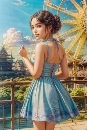 (1girl :1.5), front shot,beautiful detail eyes, adorable, cute braid hair, hair bun, (ultra detailed, ultra highres), (masterpiece, top quality, best quality, official art :1.4), (high quality:1.3), cinematic, wide shot, (muted colors, dim colors), A whimsical cityscape under a bright blue sky with fluffy clouds and butterflies. The city features traditional wooden buildings and a fantastical structure that combines a castle, a pagoda, and a Ferris wheel. The colors are vibrant and detailed. 4k, cool tone, Ghiblism2-Ghibli, GhiblismDetailed2, Ghiblismkw2 extremely detailed CG, photorealistic,Anitoon2,Pastel color,Add more detail,