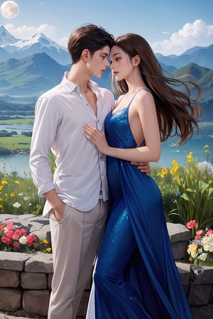 ultra detailed, (masterpiece, top quality, best quality, official art, perfect face:1.2), UHD, cinematic, (muted colors, dim colors), perfect face, perfect eyes, long-lenses photograph, realistic, 8K, 16K, with mountains and valleys, sun and the moon skimpy silhouettes romantically kissing in the sky that is both day wand night , heart, romance, ((flowers, light rose , Plumeria)), stunning light, wind is blowing, couple, (1girl shiny long hair, long dress:1.4), (1boy short hair style, smart costume :1.4), photorealistic, masterpiece, couple, romance, (detailed delicate intricate and ornated long emerald pink renaissance costume), (classic romance novels),Line art,FANTASY 