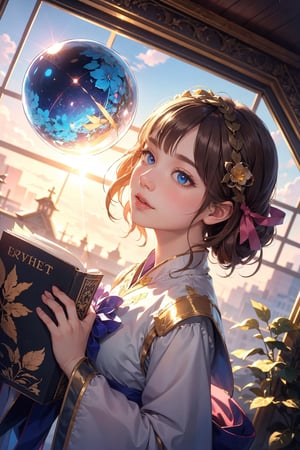 1girl, solo, (masterpiece), (absurdres:1.3), (ultra detailed), HDR, UHD, 16K, ray tracing, vibrant eyes, perfect face, award winning photo, beautiful, shiny skin, (highly detailed), clear face, teenage cute delicate girl, (shy blush:1.1), (high quality, high res, aesthetic:1.1), (dynamic action pose:1.3) ,slightly smile, lens flare, photo quality, big dream eyes, ((perfect eyes, perfect fingers)), iridescent brown hair, vivid color, perfect lighting, perfect shadow, realistic, stunning light, (atmosphere :1.6), nice hands, insane details ,high details ,kawaii, (extra wide shot: 1.8)

(Sharp focus realistic illustration:1.2), a giant glass sphere containing a small ecosystem, surrounded by measurement devices is installed in large-scale factory, a girl Priest stands next to the sphere, divine magic, sacred texts, ceremonial robes, incense, healing spells, blessing rituals, BREAK intricate illustrations, delicate linework, fine details, whimsical patterns, enchanting scenes, dreamy visuals, captivating storytelling, church and stain glass background, messy interior, book, elemental, feature,Alouette_La_Pucelle,emilia (re:zero),flower, ((pink gold style)),Add more details