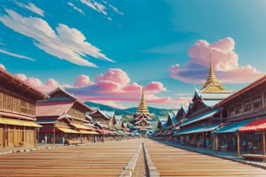 (1girl :1.5), front shot, adorable, (ultra detailed, ultra highres), (masterpiece, top quality, best quality, official art :1.4), (high quality:1.3), cinematic, wide shot, (muted colors, dim colors), A whimsical cityscape under a bright blue sky with fluffy clouds and butterflies. Thailand features traditional wooden buildings and a fantastical structure that combines a temple, water market, (and a Ferris wheel). The colors are vibrant and detailed. 4k, (wearing fashion creator), nice hands, nice fingers, beautiful eyes, Ghiblism2-Ghibli, GhiblismDetailed2, Ghiblismkw2 extremely detailed CG, photorealistic,Anitoon2,Pastel color