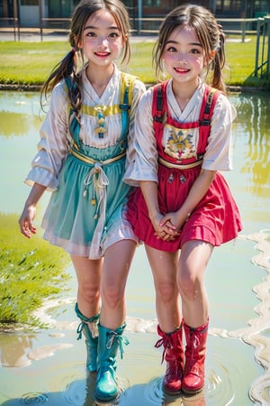 Raw photo, (Ultra realistic), (highly detailed eyes, highly detailed face), (ultra detailed:1.4), realistic, (photorealistic:1.37), (illustration:1.2), Two girls playing in puddles wearing rain boots. In the center of the puddles,  there is a clear reflection of the transparent water surface with bright light reflecting upon it. The girls are dressed in yellow raincoats and wearing boots,  allowing them to play in the puddles without getting wet. One of them is an energetic girl with her hair tied up in pigtails,  while the other has cute short twin tails. Holding hands,  they jump and frolic,  creating splashes of water. The weather is fine after the rain,  and a vibrant rainbow stretches across the background. The colors of the rainbow harmonize with the girls' smiles,  creating a joyful atmosphere,  colorful wear,  (adorable difference face:1.4),  colorful,  (photo-realisitc),  night background,  exposure blend, medium shot, bokeh, (hdr:1.4), high contrast, (cinematic, teal and green:0.85),  (muted colors, dim colors,  soothing tones:1.3), low saturation, (perfect hands, perfect fingers :1.5), cinematic light, depth of fields, twilight, science fiction, NAO,girl,woman,aodai,Cosplay