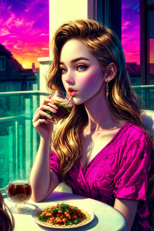 perfect face, (best quality, masterpieces:1.3), (beautiful and aesthetic:1.2), colorful, dynamic angle, (Realistic:1.4), illustration , (high quality:1.3),  (ultra detailed, 8K, 16K,  ultra highres),  sharp focus, professional dslr photo,  photoreal, Chinese house style, (drinking hot tea and food on the balcony:1.5), See the evening view , forehead jewel, rose jewelry, volumetric fx, ray tracing,  (((intricate detailed))), extremely detailed CG, (hyper realism, soft light, dramatic light, sharp, HDR), perfect image, vivid color, (official art, extreme detailed, highest detailed), more detailed, food style,sweet desert,colorful sky, 1girl,kaya