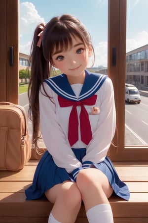 (perfect face), top quality, (official art :1.2), UHD, HDR, 16K, 8K, vivid color, (high quality:1.3), (masterpiece, best quality:1.4), (ultra detailed, ultra highres), sharp focus, extremely detailed CG, cute hair style (illustration:1.2), (photorealisitc :1.37), high contrast, colorful, ((school uniform)), brown hair, long hair, bangs, hair ribbon, brown eyes, hair tucking,
skirt, socks, bag, pleated skirt, school bag, loafers, looking at viewer, wind, neckerchief, long sleeves, kneehighs, sailor collar, sky, railing, brown footwear, petals, leaf, ribbon ,slender hands, (extremely beautiful, super cute:1.3), (detailed face, rosy skin, perfect eyes, detailed pupil), (1 cute Hamster:1.4), stairs, mandarin orange, dusk, duck toy, adorable, cloud, 1girl, solo, (smile), (dynamic action pose :1.2), (looking at camera:1.3), intricate details, (detailed high school background, school building :1.4) ,Charm of beauty twintails hair ribbon,window views