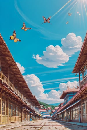 (1girl :1.5), front shot, adorable, beautiful detail eyes, (ultra detailed, ultra highres), (masterpiece, top quality, best quality, official art :1.4), (high quality:1.3), cinematic, wide shot, (muted colors, dim colors), A whimsical cityscape under a bright blue sky with fluffy clouds and butterflies. Thailand features traditional wooden buildings and a fantastical structure that combines a temple, water market, (and a Ferris wheel)., Thainess, The colors are vibrant and detailed. 4k, (wearing fashion creator), nice hands, nice fingers, beautiful eyes, Ghiblism2-Ghibli, GhiblismDetailed2, Ghiblismkw2 extremely detailed CG, photorealistic,Anitoon2,Pastel color