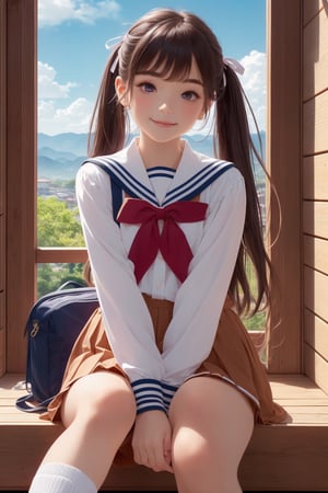(perfect face), top quality, (official art :1.2), UHD, HDR, 16K, 8K, vivid color, (high quality:1.3), (masterpiece, best quality:1.4), (ultra detailed, ultra highres), sharp focus, extremely detailed CG, cute hair style (illustration:1.2), (photorealisitc :1.37), high contrast, colorful, school uniform, stairs, brown hair, outdoors, serafuku, skirt, socks, bag, long hair, sitting, shoes, brown eyes, pleated skirt, black socks, cloud, school bag, loafers, looking at viewer, wind, neckerchief, long sleeves, kneehighs, sailor collar, sky, bangs, white shirt, shirt, hair ribbon, black skirt, railing, brown footwear, hair tucking, petals, leaf, ribbon ,slender hands, (extremely beautiful, super cute:1.3), (detailed face, rosy skin, perfect eyes, detailed pupil), (1 cute Hamster:1.4), mandarin orange, dusk, duck toy, adorable, 1girl, solo, (smile), (dynamic action pose :1.2), (looking at camera:1.3), intricate details, extremely detailed background ,Charm of beauty,1girl zenovia marden twintails hair ribbon,window views