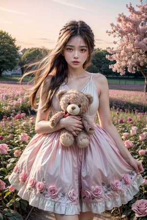 ultra detailed,  (masterpiece,  top quality,  best quality,  official art,  perfect face:1.2),  UHD,(cinematic, azure and light pink:1),  (muted colors,  dim colors),  falling petals , happiness, (trendy cloth :1.4), fashion dress, (full field roses :1.4), (((hold a teddy bear))), (dynamic action posing), tree house, park, swing, (pink-yellow sky :1.2), cute_girl, pastel flowers , lilac, rose, Line art,1girl, Light master