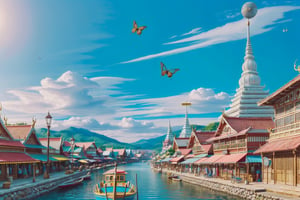 (1girl :1.5), front shot, adorable, (ultra detailed, ultra highres), (masterpiece, top quality, best quality, official art :1.4), (high quality:1.3), cinematic, wide shot, (muted colors, dim colors), A whimsical cityscape under a bright blue sky with fluffy clouds and butterflies. Thailand features traditional wooden buildings and a fantastical structure that combines a temple, water market, (and a Ferris wheel). The colors are vibrant and detailed. 4k, (wearing fashion creator), nice hands, nice fingers, beautiful eyes, Ghiblism2-Ghibli, GhiblismDetailed2, Ghiblismkw2 extremely detailed CG, photorealistic,Anitoon2,Pastel color
