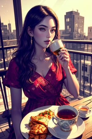 perfect face, (best quality, masterpieces:1.3), (beautiful and aesthetic:1.2), colorful, dynamic angle, (Realistic:1.4), illustration , (high quality:1.3),  (ultra detailed, 8K, 16K,  ultra highres),  sharp focus, professional dslr photo,  photoreal, Chinese house style, (drinking hot tea and food on the balcony:1.5), See the evening view , forehead jewel, rose jewelry, volumetric fx, ray tracing,  (((intricate detailed))), extremely detailed CG, (hyper realism, soft light, dramatic light, sharp, HDR), perfect image, vivid color, (official art, extreme detailed, highest detailed), more detailed, food style,sweets desert,
