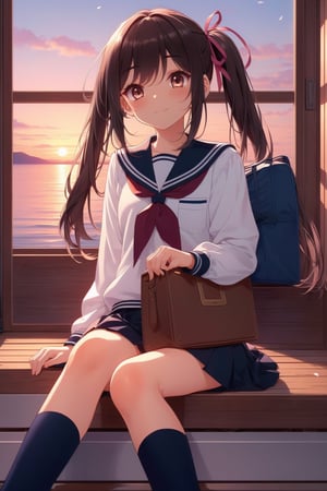 (perfect face), top quality, (official art :1.2), UHD, HDR, 16K, 8K, vivid color, (high quality:1.3), (masterpiece, best quality:1.4), (ultra detailed, ultra highres), sharp focus, extremely detailed CG, cute hair style (illustration:1.2), (photorealisitc :1.37), high contrast, colorful, school uniform, stairs, brown hair, outdoors, serafuku, skirt, socks, bag, long hair, sitting, shoes, brown eyes, pleated skirt, black socks, cloud, school bag, loafers, looking at viewer, wind, neckerchief, long sleeves, kneehighs, sailor collar, sky, bangs, white shirt, shirt, hair ribbon, black skirt, railing, brown footwear, hair tucking, petals, leaf, ribbon ,slender hands, (extremely beautiful, super cute:1.3), (detailed face, rosy skin, perfect eyes, detailed pupil), (1 cute Hamster:1.4), mandarin orange, dusk, duck toy, adorable, 1girl, solo, (smile), (dynamic action pose :1.2), (looking at camera:1.3), intricate details, extremely detailed background ,Charm of beauty,1girl zenovia marden twintails hair ribbon,window views