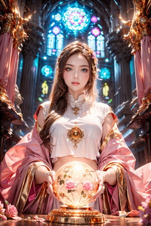 1girl, solo, (masterpiece), (absurdres:1.3), (ultra detailed), HDR, UHD, 16K, ray tracing, vibrant eyes, perfect face, award winning photo, beautiful, shiny skin, (highly detailed), clear face, teenage cute delicate girl, (shy blush:1.1), (high quality, high res, aesthetic:1.1), (dynamic action pose:1.3) ,slightly smile, lens flare, photo quality, big dream eyes, ((perfect eyes, perfect fingers)), iridescent brown hair, vivid color, perfect lighting, perfect shadow, realistic, stunning light, (atmosphere :1.6), nice hands, insane details ,high details ,kawaii, (extra wide shot: 1.8)  (Sharp focus realistic illustration:1.2), a giant glass sphere containing a small ecosystem, surrounded by measurement devices is installed in large-scale factory, a girl Priest stands next to the sphere, divine magic, sacred texts, ceremonial robes, incense, healing spells, blessing rituals, BREAK intricate illustrations, delicate linework, fine details, whimsical patterns, enchanting scenes, dreamy visuals, captivating storytelling, church and stain glass background, messy interior, book, elemental, feature,flower, ((pink gold style)),more detailnice hands, perfect fingers, dynamic posing, cute girl,flowers,rose,Line art,1girl,aanozomi,pink theme,zlzzlz