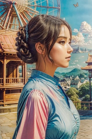 (1girl :1.5), front shot,beautiful detail eyes, adorable, cute braid hair, hair bun, (ultra detailed, ultra highres), (masterpiece, top quality, best quality, official art :1.4), (high quality:1.3), cinematic, wide shot, (muted colors, dim colors), A whimsical cityscape under a bright blue sky with fluffy clouds and butterflies. The city features traditional wooden buildings and a fantastical structure that combines a castle, a pagoda, and a Ferris wheel. The colors are vibrant and detailed. 4k, cool tone, Ghiblism2-Ghibli, GhiblismDetailed2, Ghiblismkw2 extremely detailed CG, photorealistic,Anitoon2,Pastel color,Add more detail,