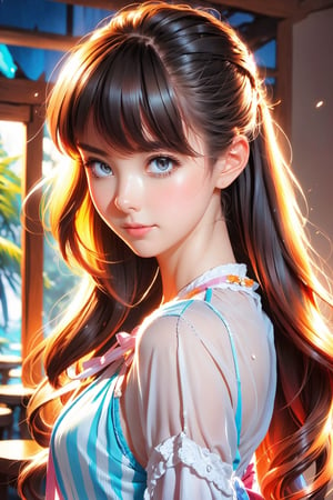 kawaii, (Realistic: 1.2), (illustration: 1.2), (in cafe:1.5), full body, (masterpiece:1.4), (best quality:1.1), high resolution illustration, coloful, intricate details, cinematic light, depth of field, (finely detailed face), (beautiful face:1.3), (extra wide shot:1.3), (white blouse:1.3), ((ultra-detailed hair)), brilliant color, 8K, 16K, UHD, HDR, ultra detailed, perfect light, perfect shadows, David Hockney and Vincent Van Gogh, Blue and orange, Tempera painting, Colorful Shadows, Rounded edges on everything, A view from inside a Florida beach house, ocean, palm trees, moonstone tones, sunset, beautiful ocean, secluded, tropical paradise, correct wave direction toward the beach, cinematic smooth, volumetric lighting, ray tracing, high dynamic range, ultra-realistic, complex detail, atmospheric, maximalist digital matte painting, detailed matte painting, detailed, fantastical, splash screen, complementary colors, fantasy concept art, resolution, centered, divine bright, cinematic smooth, volumetric lighting, creative, surreal hallucinatory intricately detailed sharp focus, professional ominous concept art, an intricate, grunge textures, clean and bold, cinematic composition, golden ratio, pencil and kneaded eraser, sharp focus, ambient occlusion, backface lighting, rim light, pastel colors, sense of depth, trending on zbrush central highly detailed, maximalist digital matte painting, detailed matte painting, fantastical, splash screen, complementary colors, fantasy concept art, centered, symmetry, heavenly sunshine beams, divine bright, sharp focus,DonMD0n7P4n1c,Colors