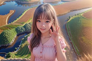 (ultra detailed, ultra highres), (masterpiece, top quality, best quality, official art :1.4), (high quality:1.3), cinematic, (muted colors, dim colors), (perfect eyes, perfect face:1.3), long-lenses photograph, realistic, UHD, 16K, 8K, warm glow, with mountains and valleys, stunning light, wind is blowing, sharp focus, extremely detailed CG, (perfect hands, perfect fingers, nice hands), photorealistic, (1girl with shiny long hair:1.4), (wearing a cute pink dress, puffy short sleeves, frills:1.2), detailed clothing, (smile), (waving one arm:1.2), (looking at camera:1.3), intricate detailed, detailed complex background, (highest quality, extreme detailed, official art, beautiful and aesthetic:1.2), (1girl), solo, Autumn, blue sky, white clouds, (Vivid, colorful rice terraces with no crops, Vivid, colorful rice terraces:1.4), top view, forest covered in autumn leaves , The colors are vibrant and detailed. extremely detailed CG, photorealistic,colorful, wrenchfaeflare,t5_face,meloncat,blue_IDphoto,grass,more detail 
