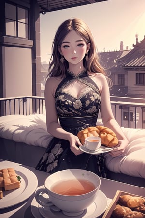 perfect face, (best quality, masterpieces:1.3), (beautiful and aesthetic:1.2), colorful, dynamic angle, (Realistic:1.4), illustration , (high quality:1.3),  (ultra detailed, 8K, 16K,  ultra highres),  sharp focus, professional dslr photo,  photoreal, Chinese house style, (drinking hot tea and food on the balcony:1.5), See the evening view , forehead jewel, rose jewelry, volumetric fx, ray tracing,  (((intricate details))), extremely detailed CG, (hyper realism, soft light, dramatic light, sharp, HDR), perfect image, colorful style, (official art, extreme detailed, highest detailed),Romantic Rosette dress2,foodstyle,sweetscape,Line art