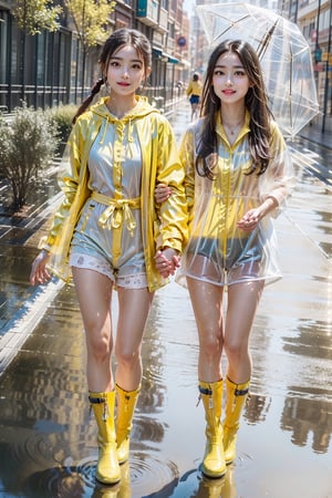 Raw photo, (Ultra realistic), (highly detailed eyes, highly detailed face), (ultra detailed:1.4), realistic, (photorealistic:1.37), (illustration:1.2), Two girls playing in puddles wearing rain boots. In the center of the puddles,  there is a clear reflection of the transparent water surface with bright light reflecting upon it. The girls are dressed in (yellow raincoats:1.4) and wearing boots, allowing them to play in the puddles without getting wet. One of them is an energetic girl with her hair tied up in pigtails,  while the other has cute short twin tails. Holding hands,  they jump and frolic,  creating splashes of water. The weather is fine after the rain,  and a vibrant rainbow stretches across the background. The colors of the rainbow harmonize with the girls' smiles,  creating a joyful atmosphere,  colorful wear,  (adorable difference face:1.4),  colorful,  (photo-realisitc),  night background,  exposure blend, medium shot, bokeh, (hdr:1.4), high contrast, (cinematic, teal and green:0.85),  (muted colors, dim colors,  soothing tones:1.3), low saturation, (perfect hands, perfect fingers :1.5), cinematic light, depth of fields, twilight,