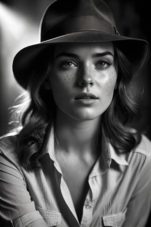 breathtaking retro photograph in style of Indiana Jones, young beautiful sexy girl with freckles in hat and shirt, alluring, (perfect eyes:2.0), (perfect hands:2.0), evocative dynamic action pose . half body shot, black and white, dark and moody style, sharp focus, focus on eyes, hyperrealistic, volumetric lighting, dramatic lighting, cinematic lighting, exquisite details, highly detailed, UHD, 64k resolution, hires