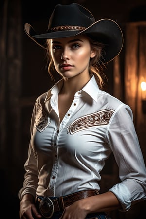 breathtaking illustration of young beautiful cowboy girl in hat and shirt with prayrie in background, frecckles, (perfect eyes:2.0), perfect hands, evocative dynamic action pose, hands on waist . half body shot, dark and moody style, hyperrealistic, volumetric lighting, dramatic lighting, cinematic lighting, exquisite details, highly detailed, UHD, 64k resolution, hires