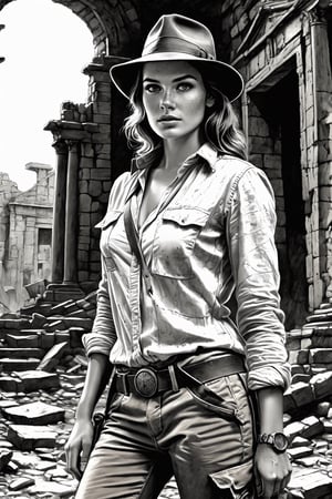 breathtaking retro pencil sketch of young beautiful (sexy:2.0) archeologist girl with freckles in lost old ruined city, alluring, (perfect eyes:2.0), (perfect hands:2.0), evocative dynamic action pose . (full body shot), in style of Indiana Jones, dark and moody style, ink illustration, Splash art, sharp focus, focus on eyes, hyperrealistic, volumetric lighting, dramatic lighting, cinematic lighting, exquisite details, highly detailed, UHD, 64k resolution, hires