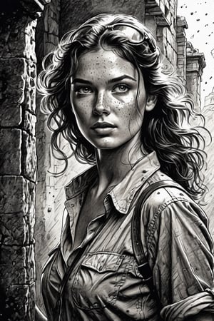 breathtaking retro pencil sketch of young beautiful (sexy:2.0) archeologist girl with freckles in lost old ruined city, alluring, (perfect eyes:2.0), (perfect hands:2.0), evocative dynamic action pose, curvy body, soaking wet skin . at distance, in style of Indiana Jones, dark and moody style, ink illustration, Splash art, sharp focus, focus on eyes, hyperrealistic, volumetric lighting, dramatic lighting, cinematic lighting, exquisite details, highly detailed, UHD, 64k resolution, hires