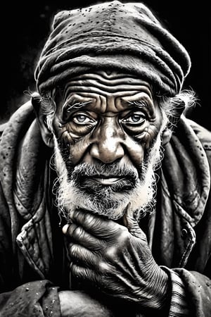 breathtaking pencil sketch of old homeless man in dirt and weathered clothing with patches, (perfect eyes:2.0), (perfect hands:2.0), sad mood . dark and moody style, ink illustration, Splash art, sharp focus, focus on eyes, hyperrealistic, volumetric lighting, dramatic lighting, cinematic lighting, exquisite details, highly detailed, UHD, 64k resolution, hires