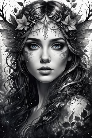 breathtaking ethereal ink drawing of beautiful forest fairy in magic forest, (perfect eyes:2.0), (perfect hands:2.0) . dark and moody style, ink illustration, Splash art, sharp focus, focus on eyes, hyperrealistic, volumetric lighting, dramatic lighting, cinematic lighting, exquisite intricate details, highly detailed, UHD, 64k resolution, hires