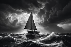 breathtaking illustration of man in small sailboat in middle of heavy stormy ocean . black and white, dark and moody style, hyperrealistic, volumetric lighting, crepuscular rays, cinematic lighting, exquisite details, highly detailed, UHD, 64k resolution, hires