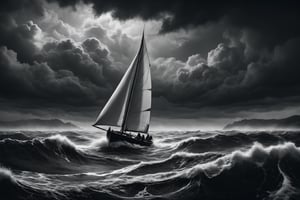 breathtaking illustration of man in small sailboat in middle of heavy stormy ocean . black and white, dark and moody style, hyperrealistic, cinematic lighting, exquisite details, highly detailed, UHD, 64k resolution, hires