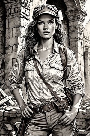 breathtaking retro pencil sketch of young beautiful (sexy:2.0) archeologist girl with freckles in lost old ruined city, alluring, (perfect eyes:2.0), (perfect hands:2.0), evocative dynamic action pose . (full body shot), in style of Indiana Jones, dark and moody style, ink illustration, Splash art, sharp focus, focus on eyes, hyperrealistic, volumetric lighting, dramatic lighting, cinematic lighting, exquisite details, highly detailed, UHD, 64k resolution, hires