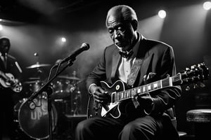 breathtaking ethereal film noir photograph, old african man sitting on stool at stage of dark and smokie night club, playin blues with black Gibson Les Paul guitar, other musicians in background, (perfect hands:2.0) . black and white, dark and moody style, Splash art, soft focus, focus on eyes, hyperrealistic, volumetric lighting, dramatic lighting, cinematic lighting, exquisite details, highly detailed, UHD, 64k resolution, hires