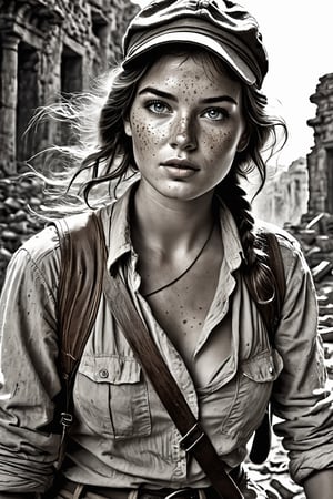 breathtaking retro pencil sketch of young beautiful (sexy:2.0) archeologist girl with freckles in lost old ruined city, alluring, (perfect eyes:2.0), (perfect hands:2.0), evocative dynamic action pose, curvy body . at distance, in style of Indiana Jones, dark and moody style, ink illustration, Splash art, sharp focus, focus on eyes, hyperrealistic, volumetric lighting, dramatic lighting, cinematic lighting, exquisite details, highly detailed, UHD, 64k resolution, hires