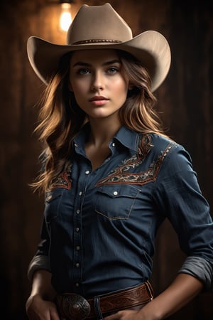 breathtaking illustration of young beautiful cowboy girl in hat and shirt with prayrie in background, alluring, frecckles, (perfect eyes:2.0), perfect hands, evocative dynamic action pose, hands on waist . half body shot, dark and moody style, hyperrealistic, volumetric lighting, dramatic lighting, cinematic lighting, exquisite details, highly detailed, UHD, 64k resolution, hires