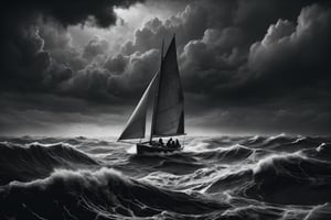 breathtaking illustration of man in small sailboat in middle of heavy stormy ocean . black and white, dark and moody style, hyperrealistic, cinematic lighting, exquisite details, highly detailed, UHD, 64k resolution, hires