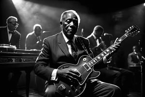 breathtaking ethereal film noir photograph, old african man sitting on stool at stage of dark and smokie night club, playin blues with black Gibson Les Paul guitar, other musicians in background . black and white, dark and moody style, Splash art, soft focus, focus on eyes, hyperrealistic, volumetric lighting, dramatic lighting, cinematic lighting, exquisite details, highly detailed, UHD, 64k resolution, hires