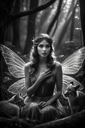 breathtaking ethereal photograph of beautiful forest fairy talking with animals, (perfect eyes:2.0), (perfect hands:2.0) . black and white, film noir style, dark and moody style, ink illustration, Splash art, sharp focus, focus on eyes, hyperrealistic, volumetric lighting, dramatic lighting, cinematic lighting, exquisite intricate details, highly detailed, UHD, 64k resolution, hires