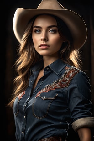 breathtaking illustration of young beautiful cowboy girl in hat and shirt with prayrie in background, alluring, frecckles, (perfect eyes:2.0), perfect hands, evocative dynamic action pose, hands on waist . half body shot, dark and moody style, hyperrealistic, volumetric lighting, dramatic lighting, cinematic lighting, exquisite details, highly detailed, UHD, 64k resolution, hires