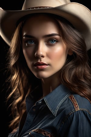 breathtaking illustration of young beautiful cowboy girl in hat and shirt with prayrie in background, (perfect eyes:2.0), perfect hands, evocative dynamic action pose, expressive hands gesture . dark and moody style, hyperrealistic, volumetric lighting, dramatic lighting, cinematic lighting, exquisite details, highly detailed, UHD, 64k resolution, hires