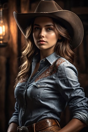 breathtaking illustration of young beautiful cowboy girl in hat and shirt with prayrie in background, frecckles, (perfect eyes:2.0), perfect hands, evocative dynamic action pose, hands on waist . half body shot, dark and moody style, hyperrealistic, volumetric lighting, dramatic lighting, cinematic lighting, exquisite details, highly detailed, UHD, 64k resolution, hires