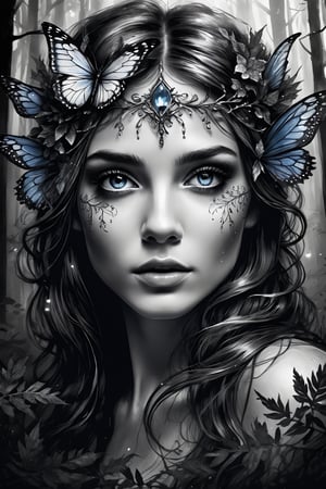 breathtaking ethereal ink drawing of beautiful forest fairy in magic forest, (perfect eyes:2.0), (perfect hands:2.0) . dark and moody style, ink illustration, Splash art, sharp focus, focus on eyes, hyperrealistic, volumetric lighting, dramatic lighting, cinematic lighting, exquisite intricate details, highly detailed, UHD, 64k resolution, hires
