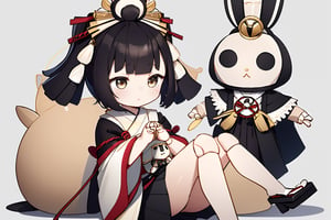 ,look shy,  1girl and 1puppet, black hair, hair ornaments, japanese outfit, black skirt, short hair, big hair ornament, puppet joints, puppet hands, puppet legs