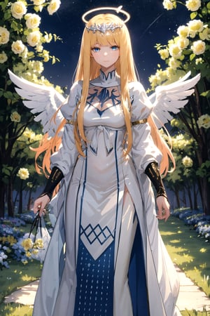 //Quality,
masterpiece, best quality
,//Character,
1girl, solo
,//Fashion,
,//Background,
night, Rose garden
,//Others,
 yellow roses, , halo, two angel wings, 1girl, solo, Calca, Calca Bessarez, blonde hair, extremely long hair, very long hair, white tiara, white dress, blue eyes, medium chest, very large white wings, 