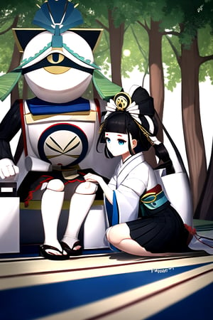 //Quality,
masterpiece, best quality
,//Character,
1girls and big puppet
,//Fashion,
,//Background,
Japanese castle, sakuya tree
,//Others,
1girl and one big puppet, black hair, hair ornaments, japanese outfit, black skirt, short hair, big hair ornament,blue eyes, puppet joint body, puppet joint skin
