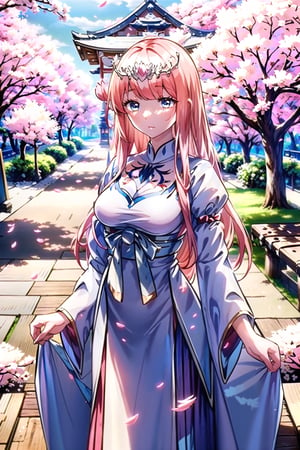vibrant colors, 1female, masterpiece, sharp focus, best quality, depth of field, cinematic lighting, ((solo, landscape )), (illustration, 8k CG, (extremely detailed), masterpiece, ultra-detailed,"Under the Sakura Rain: Japanese Enchantment"

In this evocative illustration, a graceful girl stands under a shower of cherry blossom (sakura) petals, wearing a traditional Japanese miko dress. The pink petals fall like an ethereal rain around her, creating an enchanting atmosphere.

The miko dress, with its elegant design and vibrant colors, blends harmoniously with the floral theme of the scene. Elegance and tranquility of a day under the blooming cherry blossoms.

The background depicts a Japanese landscape, with cherry blossom trees and a clear sky. The image captures the essence of Japanese culture and the ephemeral beauty of cherry blossoms.

calca, blonde hair, long hair, medium chest, extremely long hair, very long hair, extra lonh hair, white tiara, blue eyes