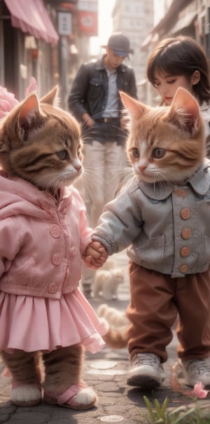 A tender moment captures two young friends, a girl in a flowy pleated pink skirt and long sleeves, and a boy in a casual jacket over brown pants. They walk together outdoors, hands clasped, as their eyes lock onto a curious cat with prominent whiskers in the blurry foreground. The subject's focus is on the feline friend, while the background remains hazy, emphasizing the depth of field.