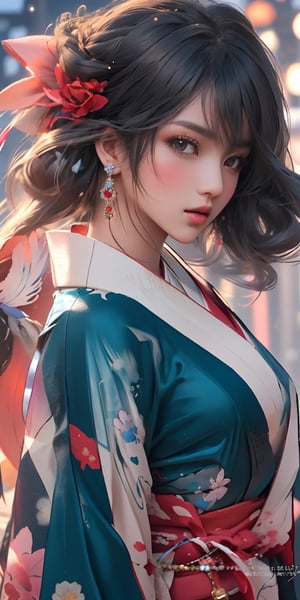 1girl, solo, long hair, looking at viewer, bangs, black hair, jewelry, closed mouth, upper body, braid, earrings, japanese clothes, artist name, kimono, from side, lips, sash, watermark, obi, floral print, web address
