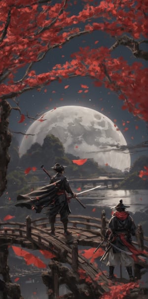 hat, holding, standing, weapon, male focus, japanese clothes, multiple boys, sword, 2boys, kimono, from behind, holding weapon, tree, petals, leaf, holding sword, moon, katana, sheath, sheathed, branch, scabbard, bridge, falling leaves