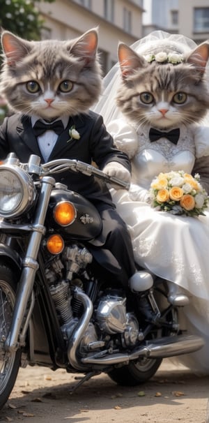 2cat, dress, bow, flower, bowtie, blurry, no humans, blurry background, formal, cat, ground vehicle, veil, motor vehicle, bouquet, wedding dress, bridal veil, motorcycle, bride, wedding, tuxedo