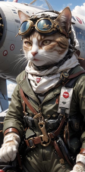 sky, cloud, military, no humans, animal, cat, goggles, goggles on head, aircraft, airplane, whiskers, propeller, pilot