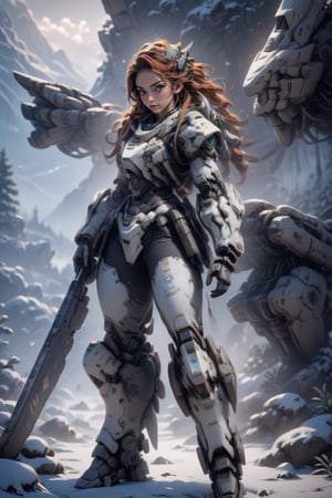 (((1Aloy))) in Horizon Zero Dawn in the snowy Nordic mountains, fighting a robotic raptor in Horizon Zero Dawn, holding a (((Mechanical bow and Mechanical armor))), hyperreality, hyperreality, Human Development Report, ray tracing, octane rendering, Unreal Engine 5, Autodesk 3D rendering, extreme detail, detailed face, detailed eyes, detailed robot raptor, detailed hands, detailed weapons, detail of the spear held by Aloy,3D MODEL,2.5~3D,,Mecha,hdsrmr,mecha_musume,<lora:659095807385103906:1.0>
